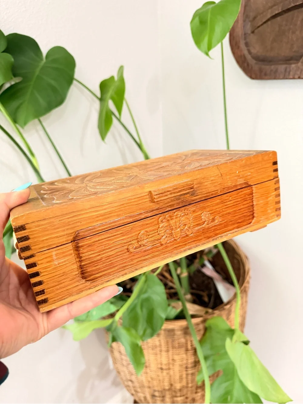 Vintage Hand-Carved Wooden Floral Jewelry Box with Mirror 10.5”